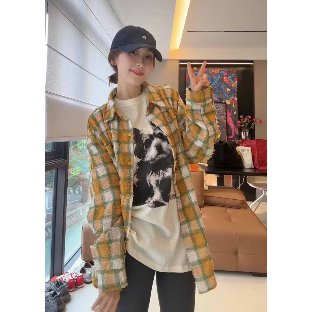 徐靖靖【风和日丽】2502151舒适洋气春季美式复古潮牌格子长袖衬衫