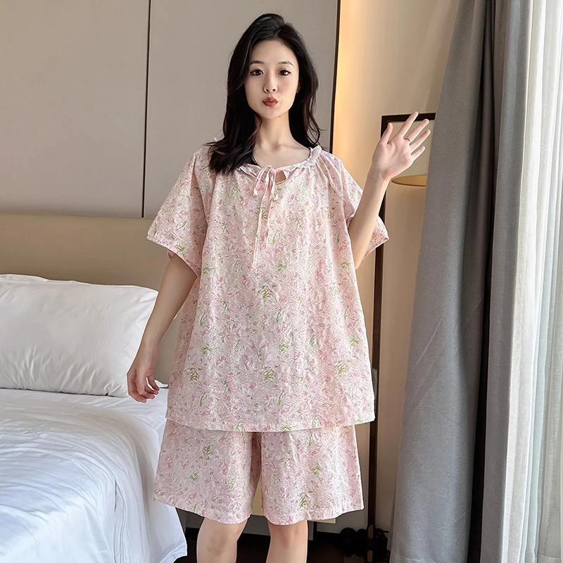 夏季大码纯棉睡衣女士薄款家居服胖mm碎花短袖短裤圆领时尚两件套