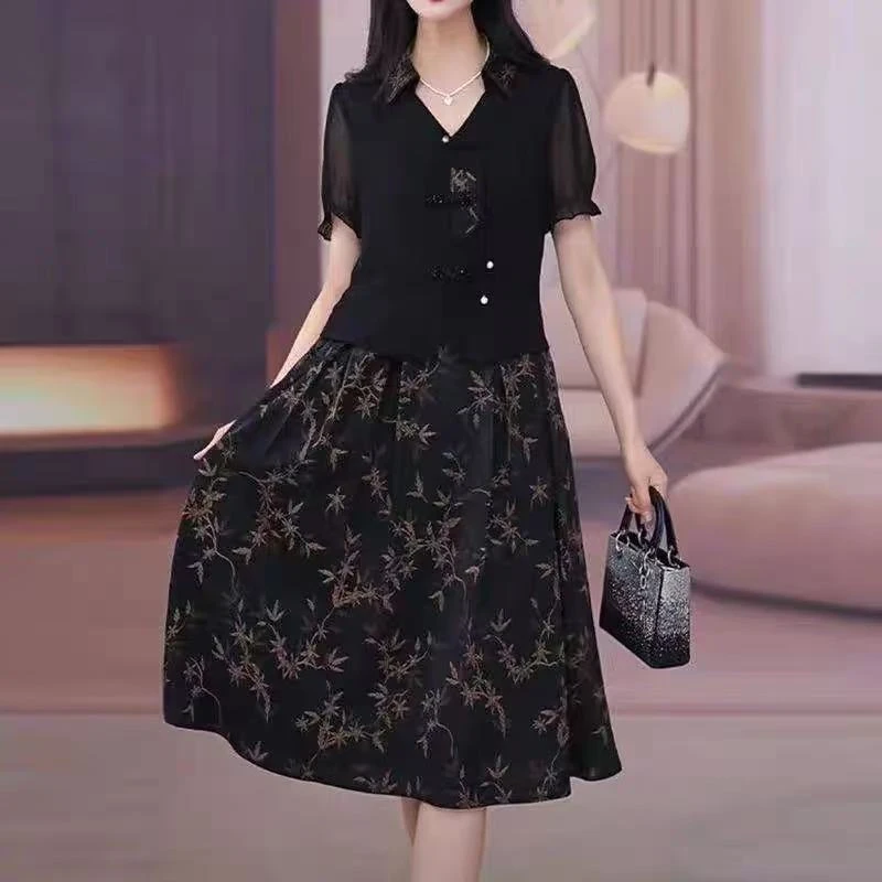 9092-加大码轻奢气质连衣裙假两件拼接宽松遮肚碎花裙子【A21-3-1】