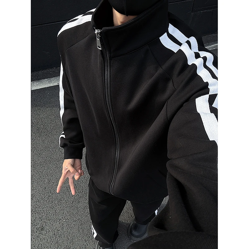 休闲运动套装男女2025春季青少年美式条纹拼接外套裤子两件套宽松
