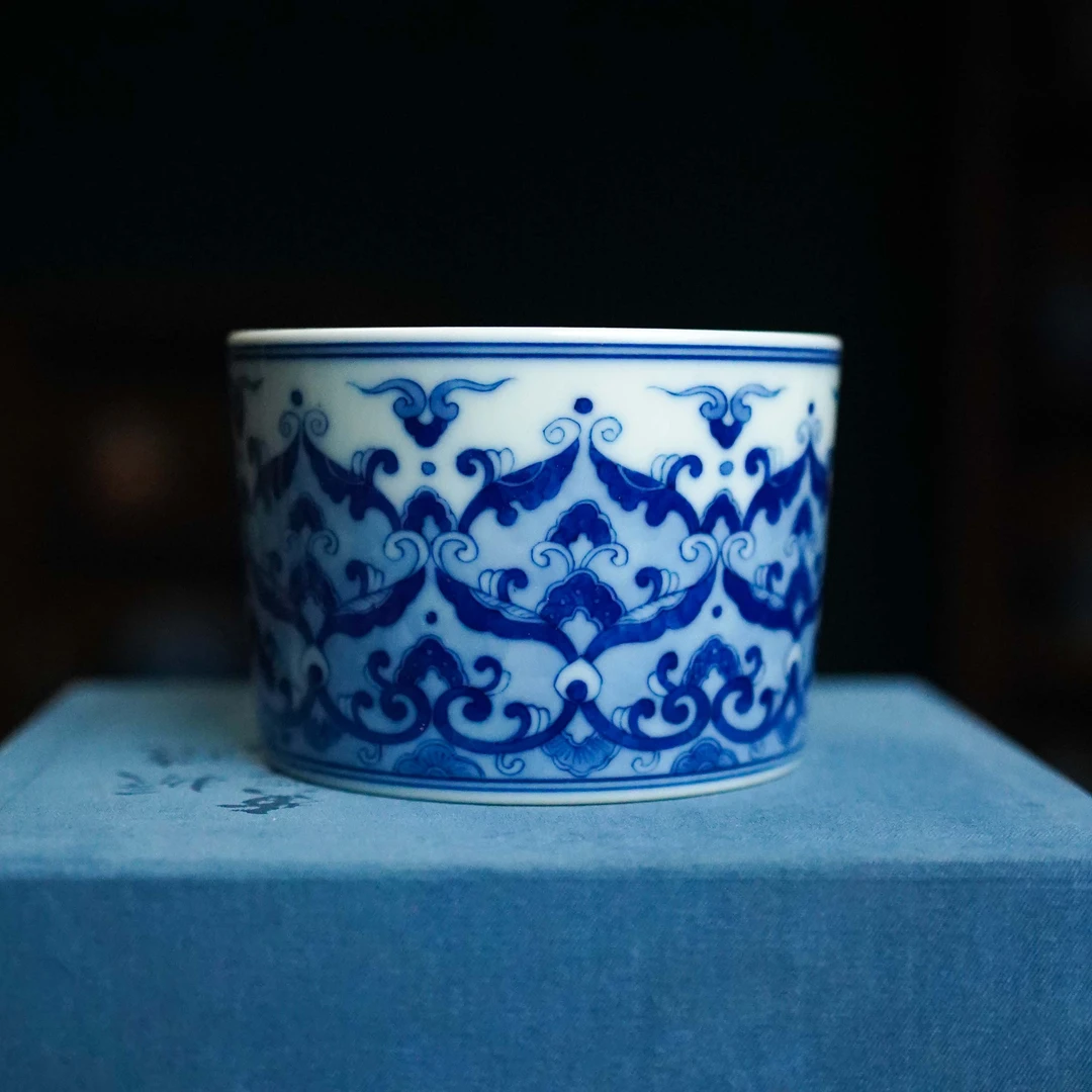 黄振匠造青花柴窑《宝象纹直口杯》纯手工茶具原矿泥陶瓷