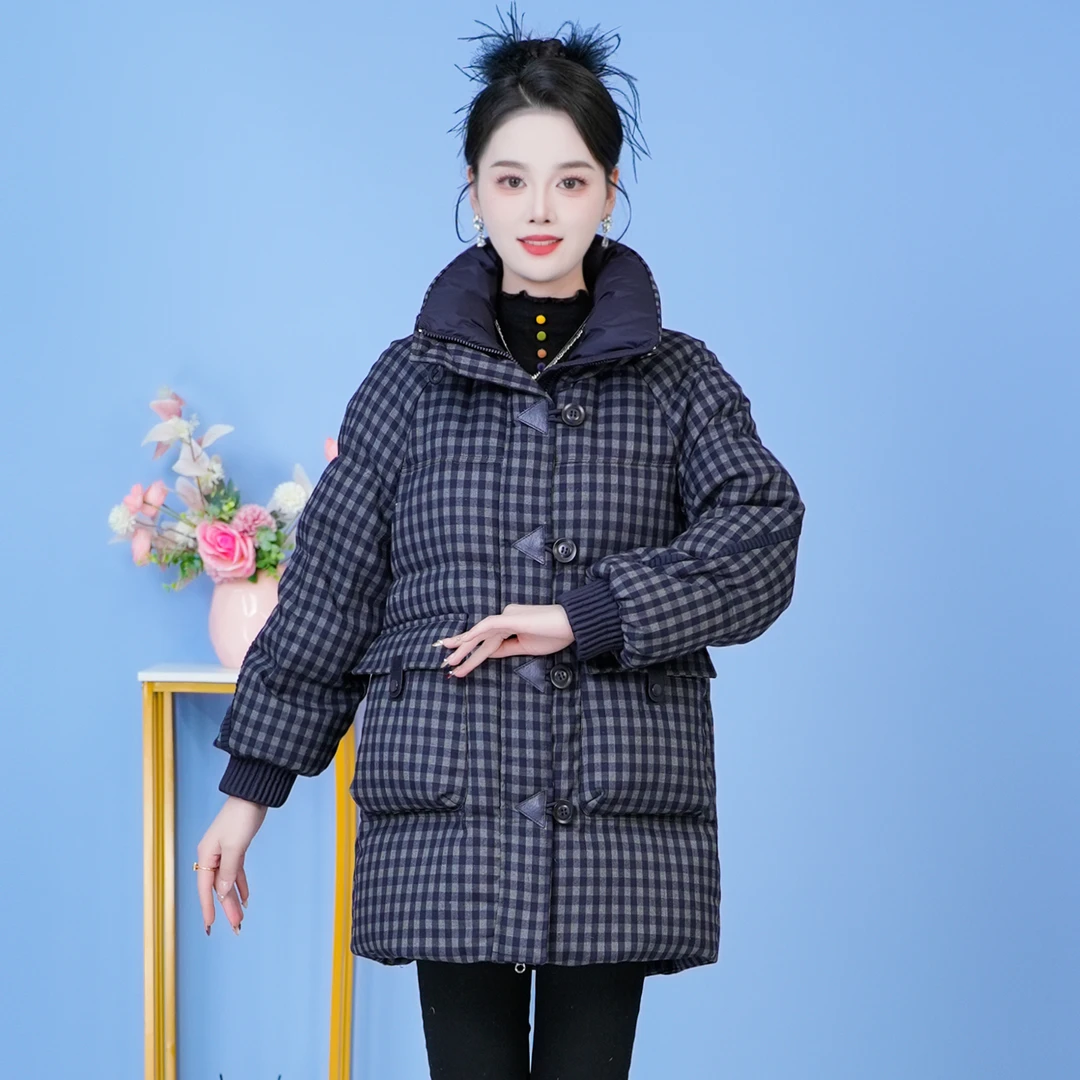 立领格纹气质保暖时尚加厚羽绒服新款宽松2025年冬季【SJYH3857】