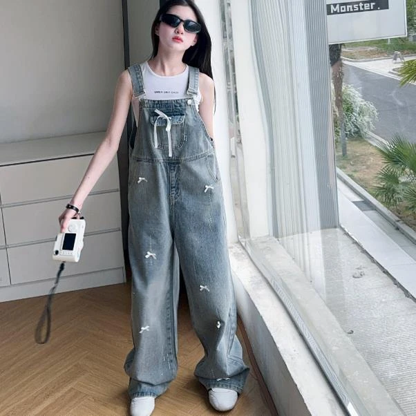 女童夏装背带裤套装2025新款夏季儿童背心蝴蝶结背带牛仔裤两件套