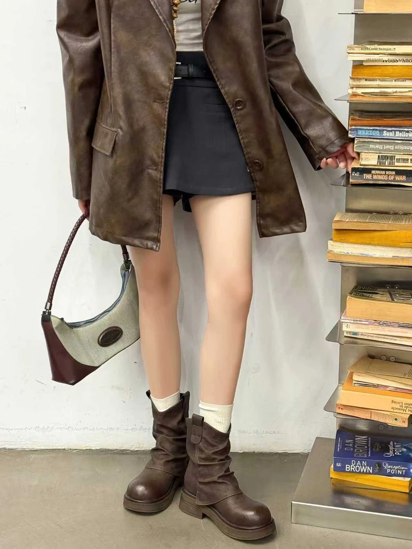 97408056R短款4.5cm磨砂休闲风衣棕色网红时尚英伦风加绒时装靴