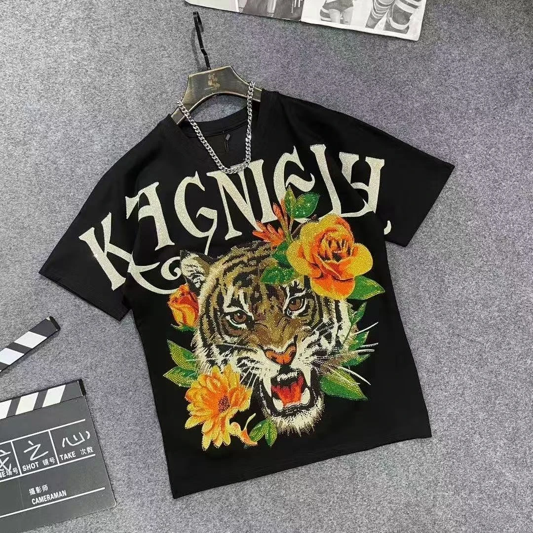 12086新款潮牌重工哈迪虎头满钻短袖时尚百搭烫钻潮流帅气休闲T恤