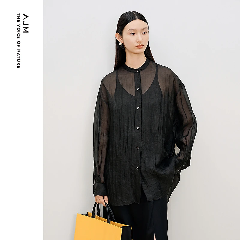 AUM24年春秋气质时尚黑色宽松肌理长袖衬衫M1EG38189