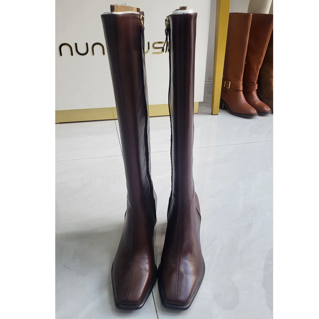 努努苏苏粗跟长靴时装靴女鞋方头高跟过膝秋冬黑色长筒女靴