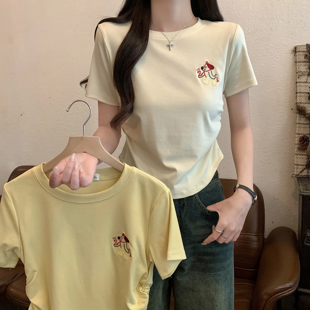 实拍1比1螺纹短袖t恤夏2025潮流刺绣花修身短款圆领上衣韩版女装