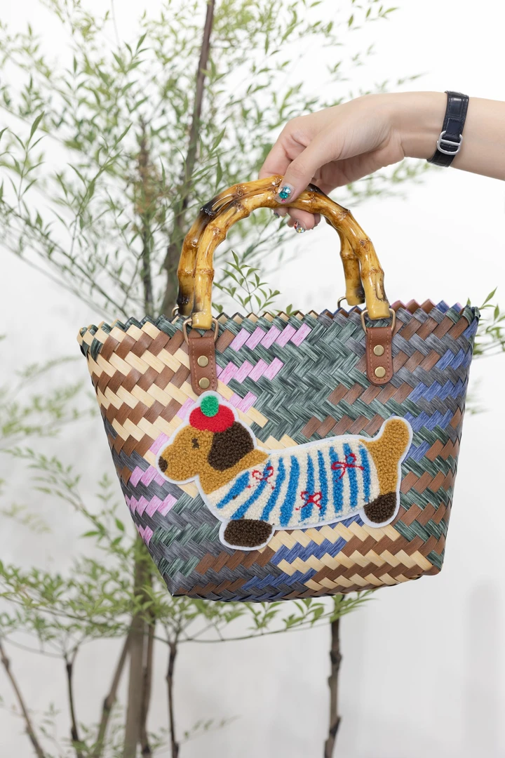 腊肠狗手提包菜篮竹节包手提式手编包休闲百搭手提包包包时尚编织