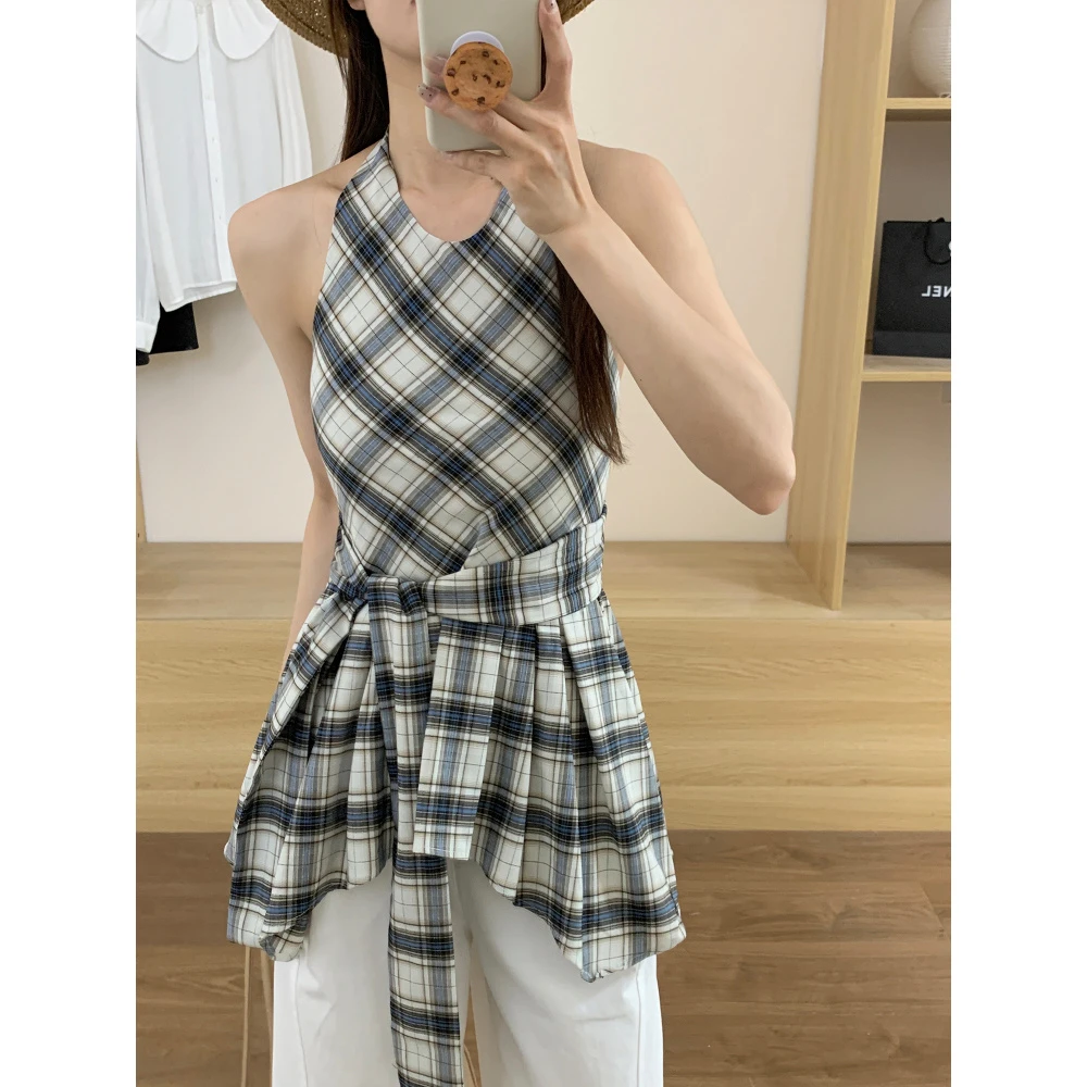 高级感无袖辣妹复古挂脖格纹吊带背心夏季新款圆领拼接薄款衬衫