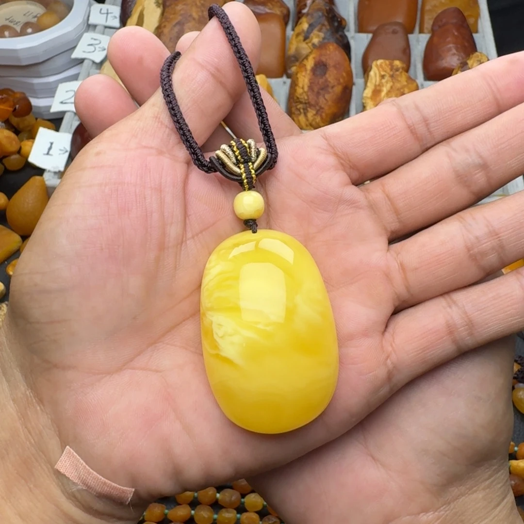 琥珀未镶嵌裸石天然蜜蜡金白拉丝吊坠