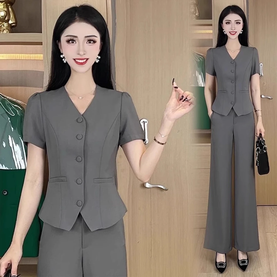修身西装套装女2025夏季新款洋气质显瘦短袖V领上衣阔腿裤两件套
