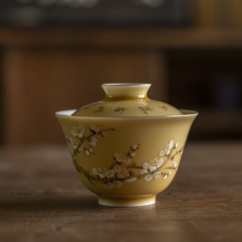 斋居 弥云凝香·黄釉白梅盖碗120CC（弥云S0059）口径80mm*75mm