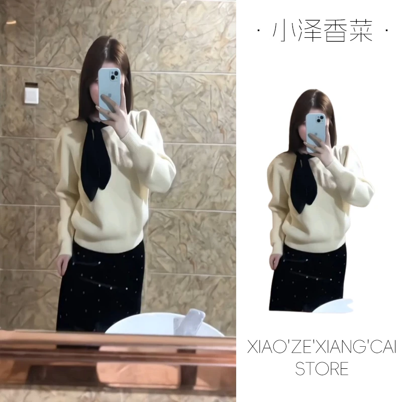 法式小香风蝴蝶结系带毛衣女秋冬季慵懒风修身内搭短款针织衫上衣