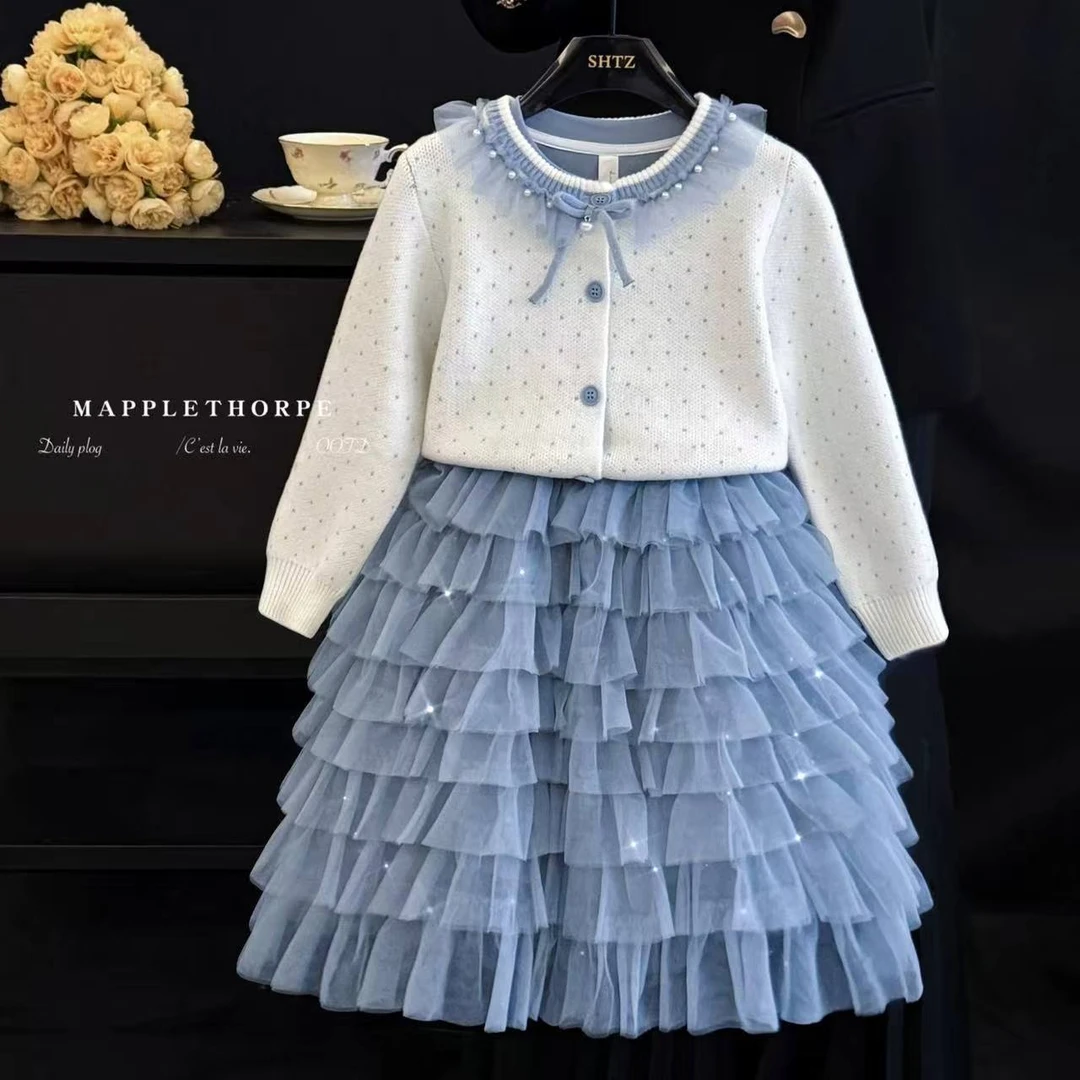 女童连衣裙秋装2025新款洋气儿童针织开衫连衣裙女孩小香风两件套