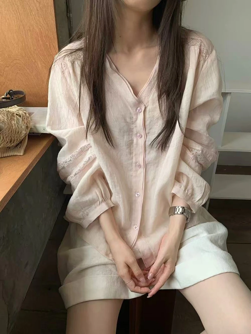 懒姐LANN推荐 藕粉色《设计感刺绣》衬衫100苎麻