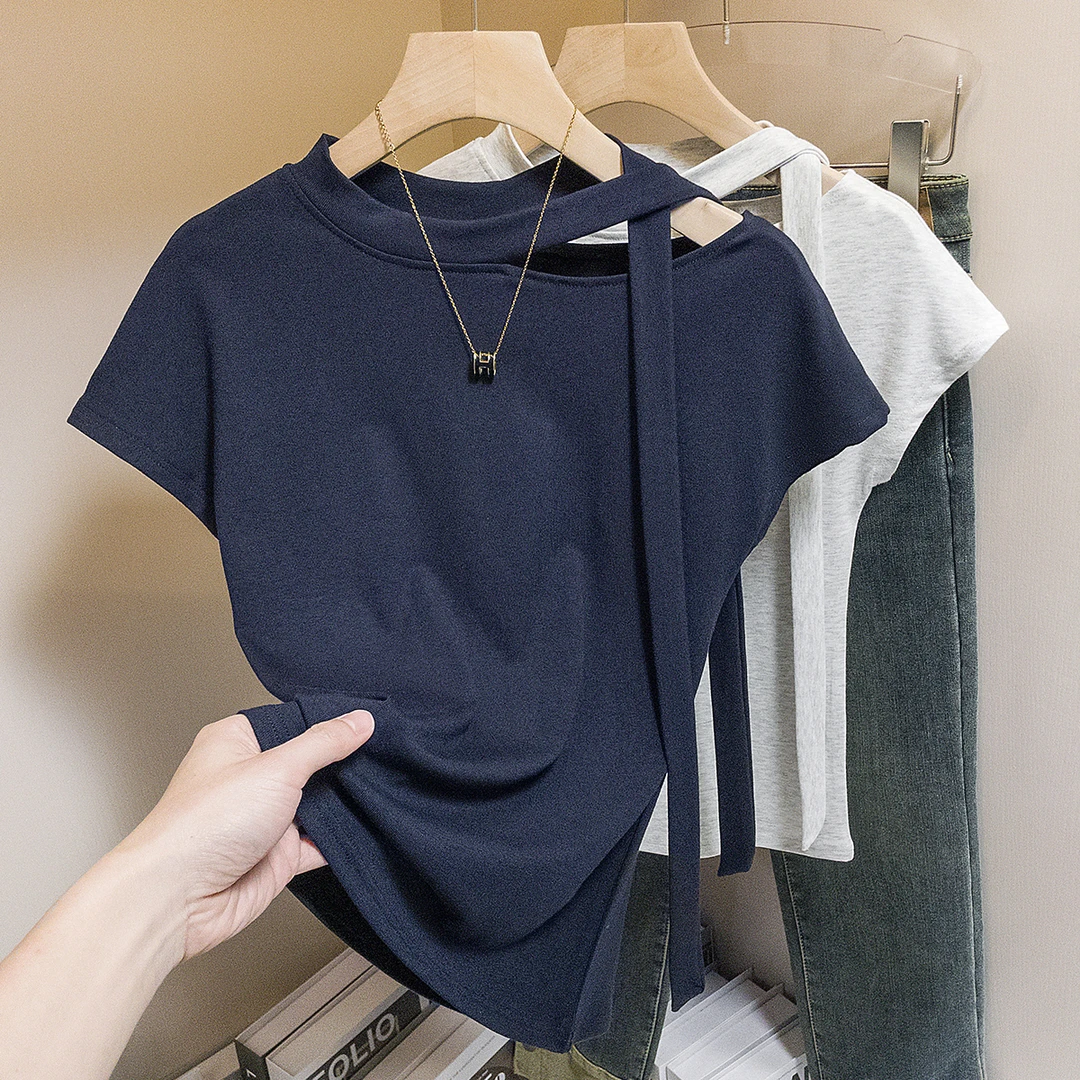 yoewshean/羽媗夏季微胖mm大码女装小飞袖露肩短袖t恤遮肚子显瘦