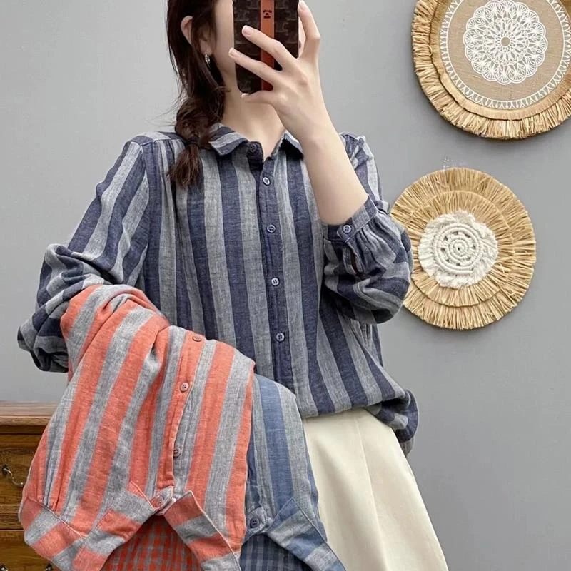 文艺复古条纹棉麻衬衫女春秋季宽松显瘦百搭休闲翻领亚麻长袖上衣