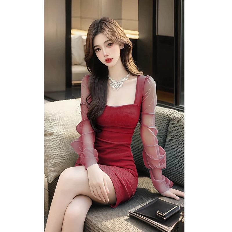 【KEKE】性感辣妹方领网纱拼接长袖连衣裙女小众设计收腰显瘦包臀裙