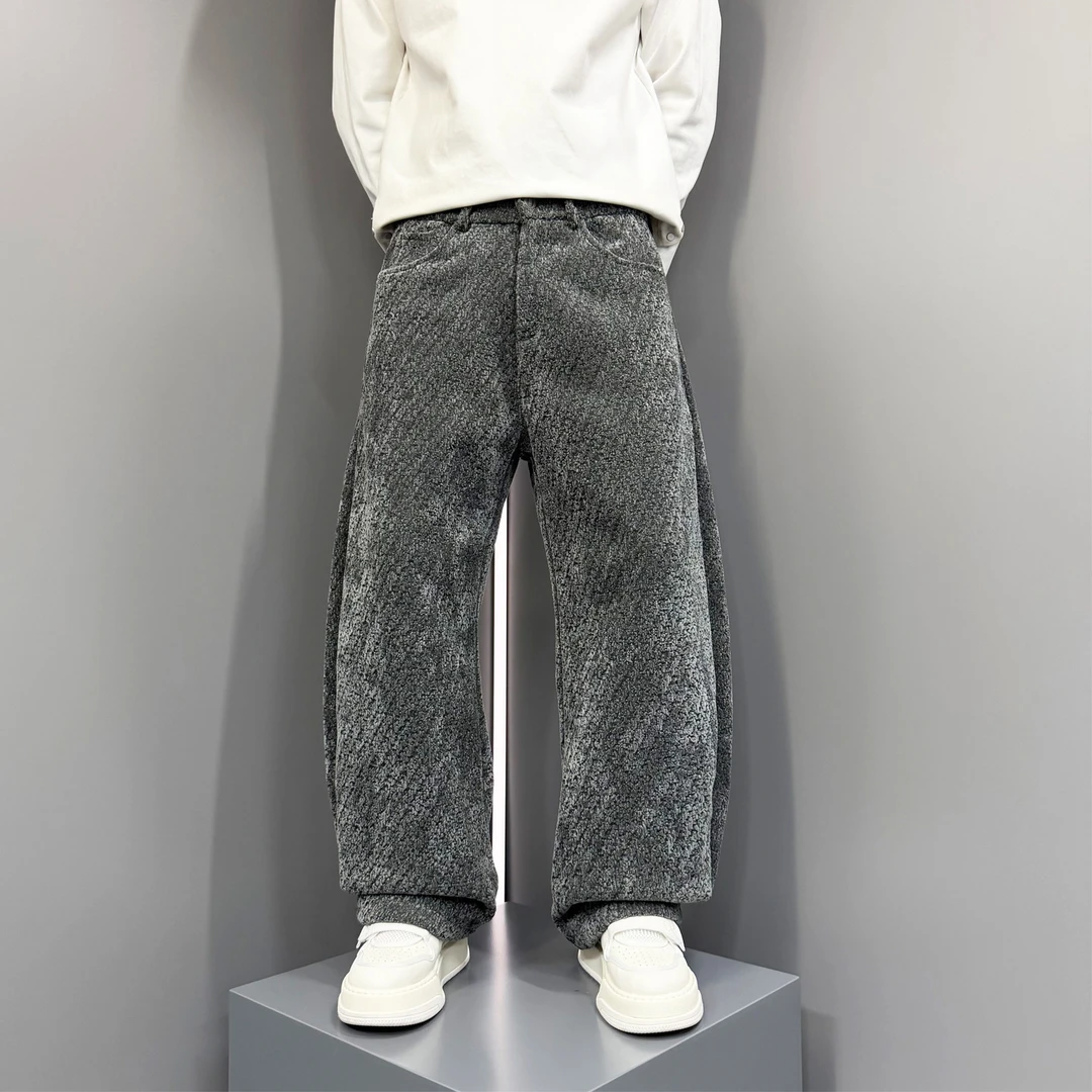 2025冬季新款美式风宽松加绒直筒阔腿休闲裤男加厚拼接条纹长裤子