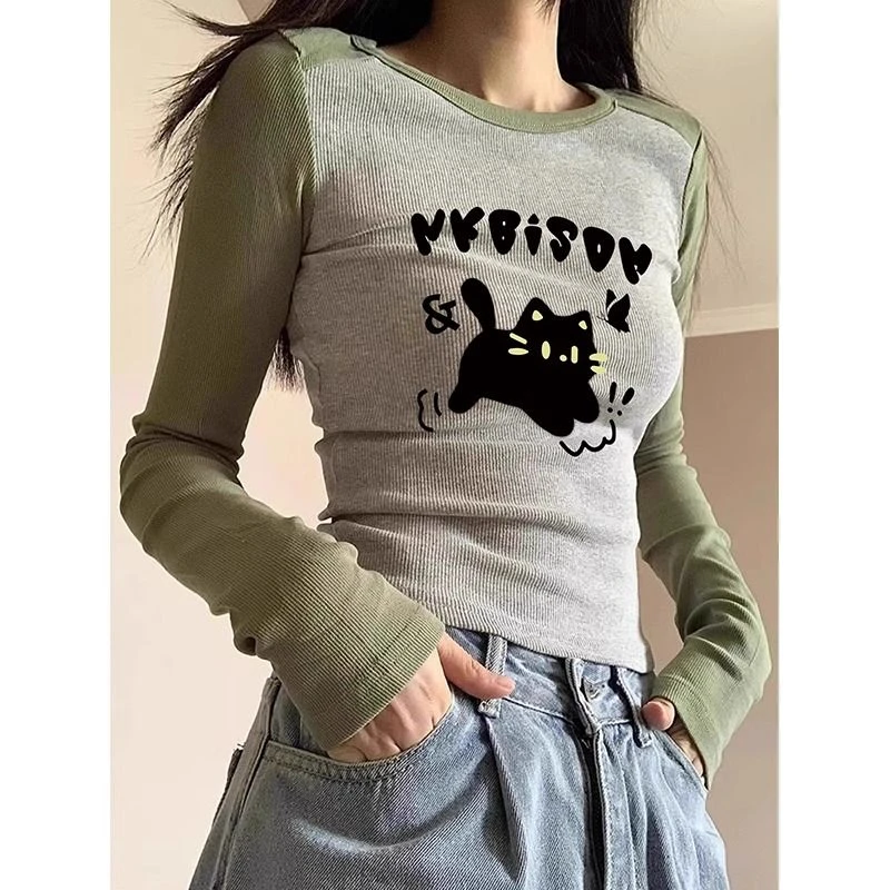 韩版通勤修身显瘦插肩长袖t恤女内搭高级感撞色卡通打底衫上衣秋