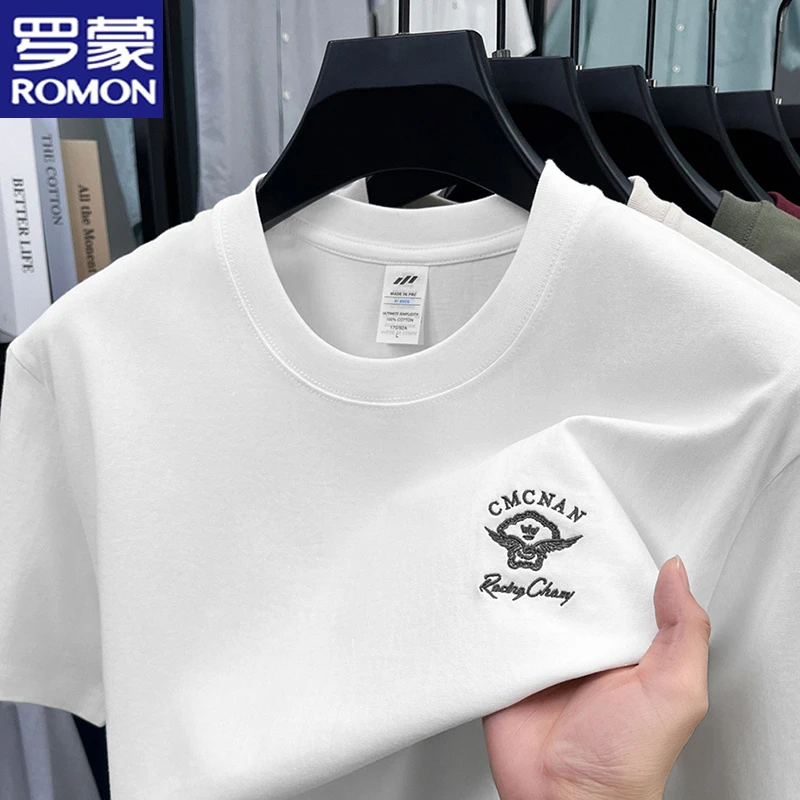 罗蒙刺绣圆领短袖T恤男士2025夏季新款潮流时尚百搭纯棉宽松上衣