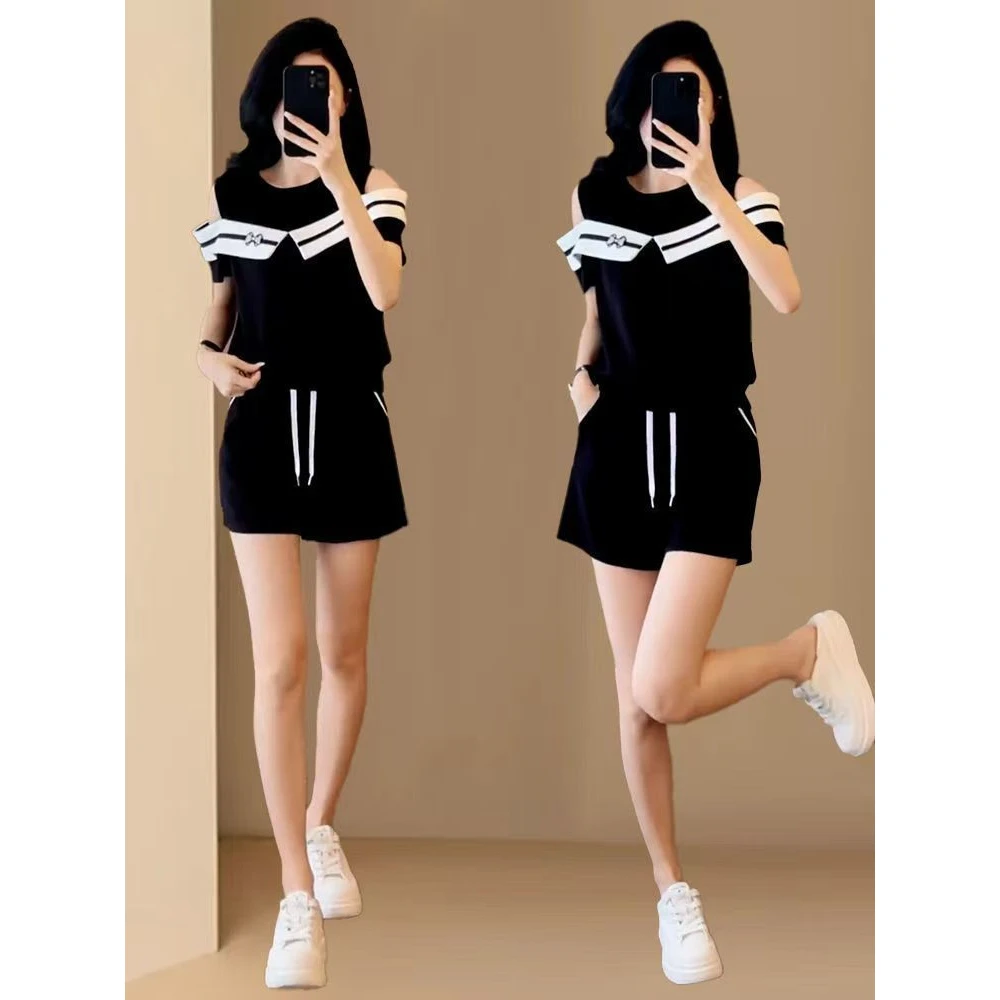 大码胖连衣裙女春夏新款洋气圆领露肩短袖显瘦减龄两件套女