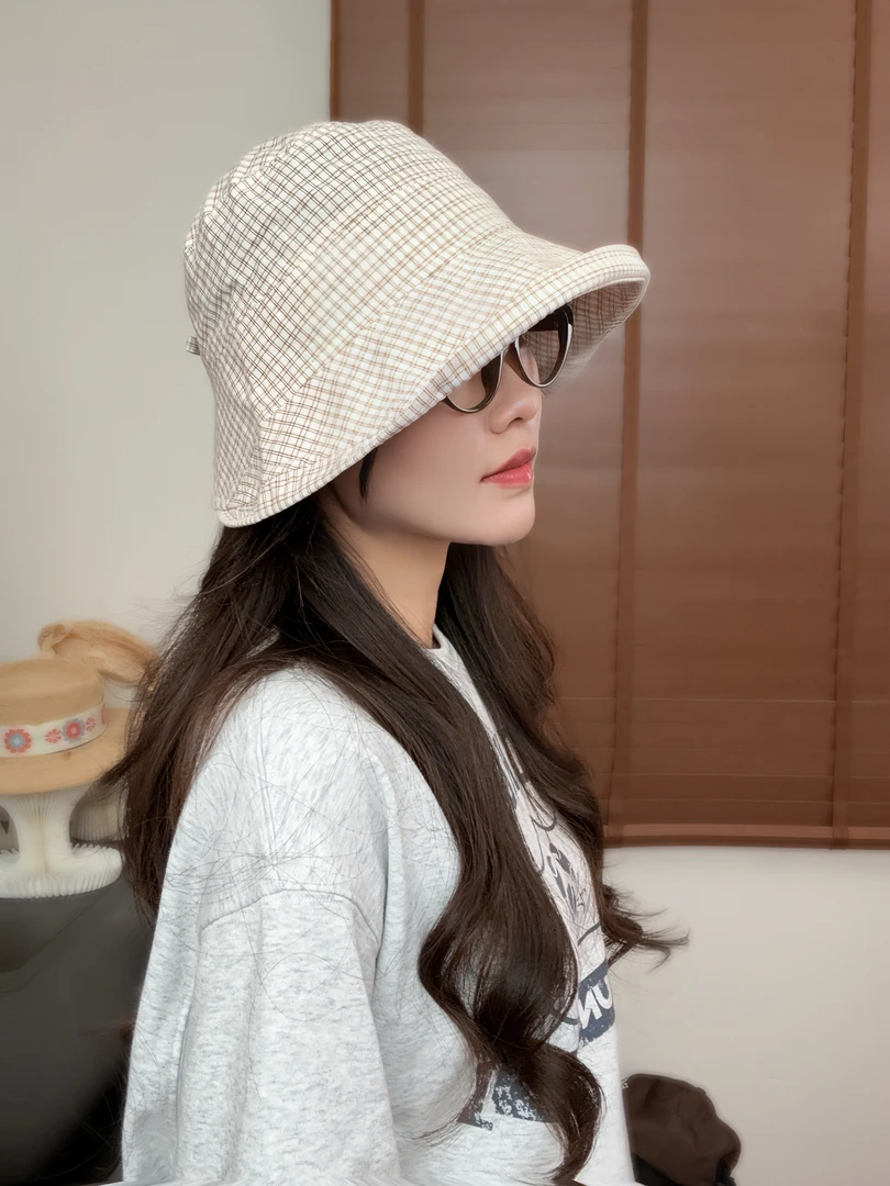 大帽檐防晒小格子渔夫帽女春夏可折叠百搭显脸小遮阳帽