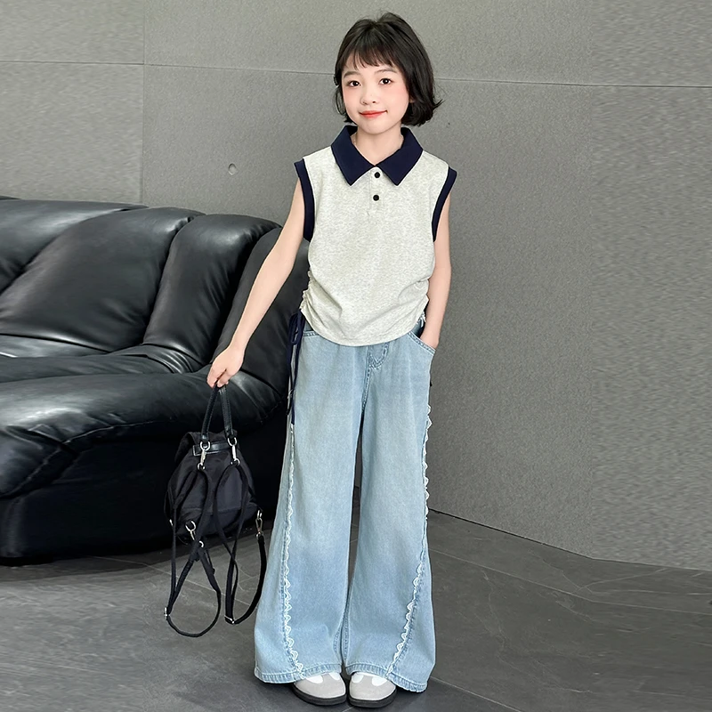 女童蕾丝花边牛仔裤百搭慵懒风2025夏季薄款阔腿裤中大童洋气休闲