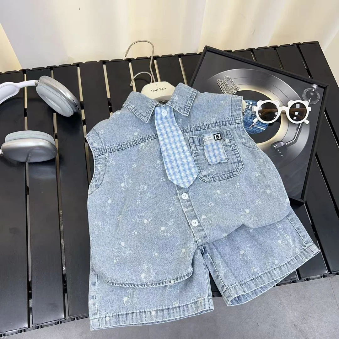 男童新款超薄牛仔背心短裤套装2025时尚男宝宝夏季帅气无袖两件套