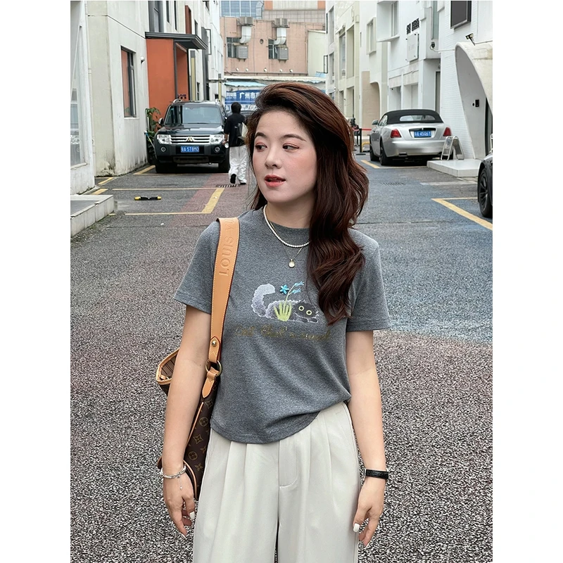 WenWen小个子韩版小猫2025夏季新款短袖T恤休闲印花上衣3820