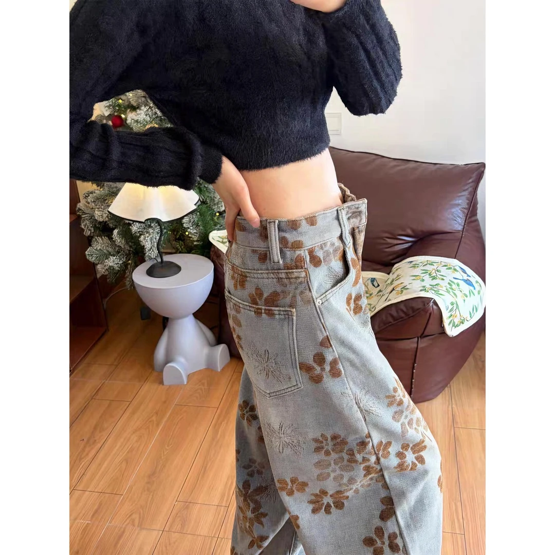 高腰加绒植绒印花阔腿牛仔裤女冬季显瘦宽松垂感休闲裤