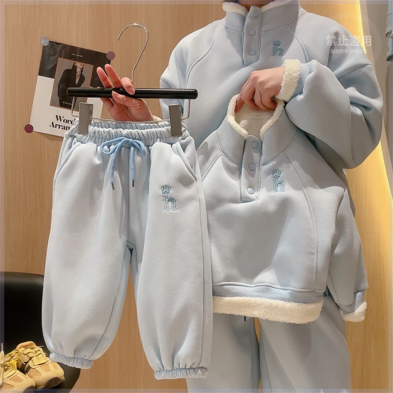 秋冬新款儿童加绒加厚刺绣字母套装男女童韩版洋气童装反季