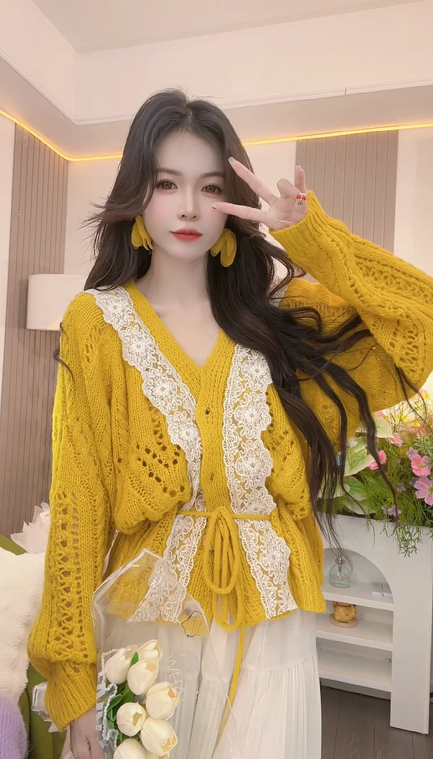 2开衫秋冬拼接蕾丝慵懒风法式设计感网红韩系长袖时尚百搭秋款