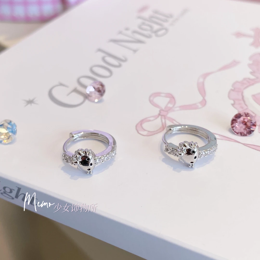 铜合金合成锆石耳饰 E360 立体猫猫头kt 甜美设计感小众耳圈耳扣