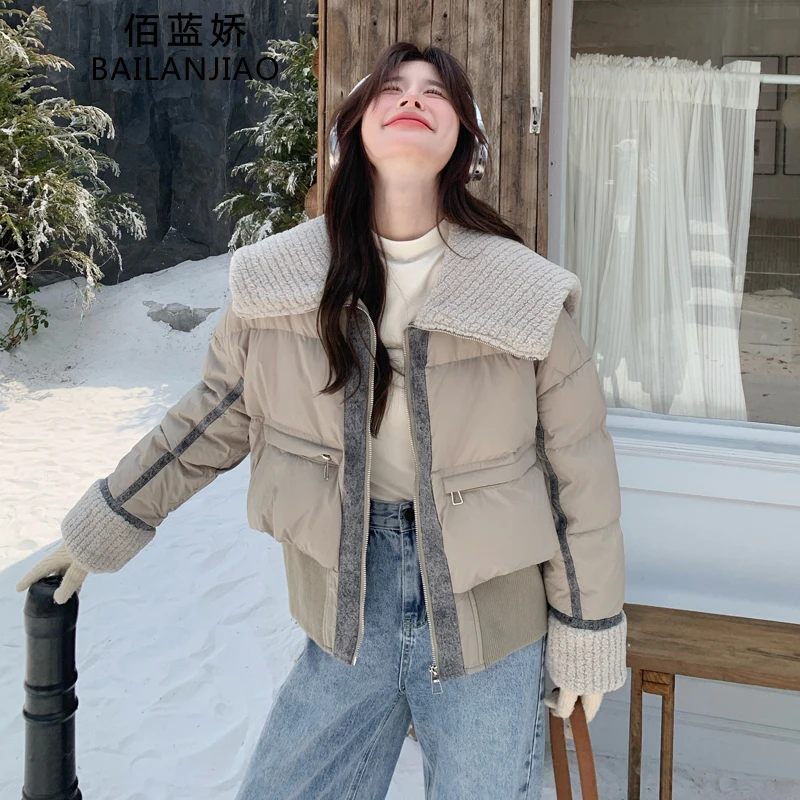韩系设计感羊羔毛翻领短款羽绒服女冬季2024新款保暖90白鸭绒外套