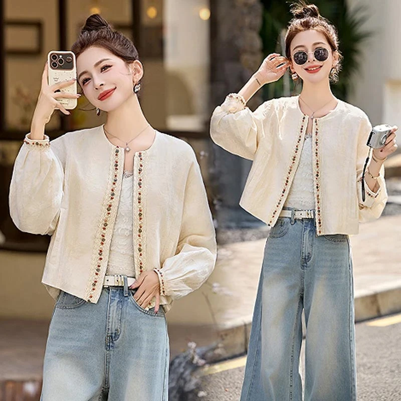 2025夏季新款新中式国风钉珠圆领防晒短外套女高级感百搭小众上衣