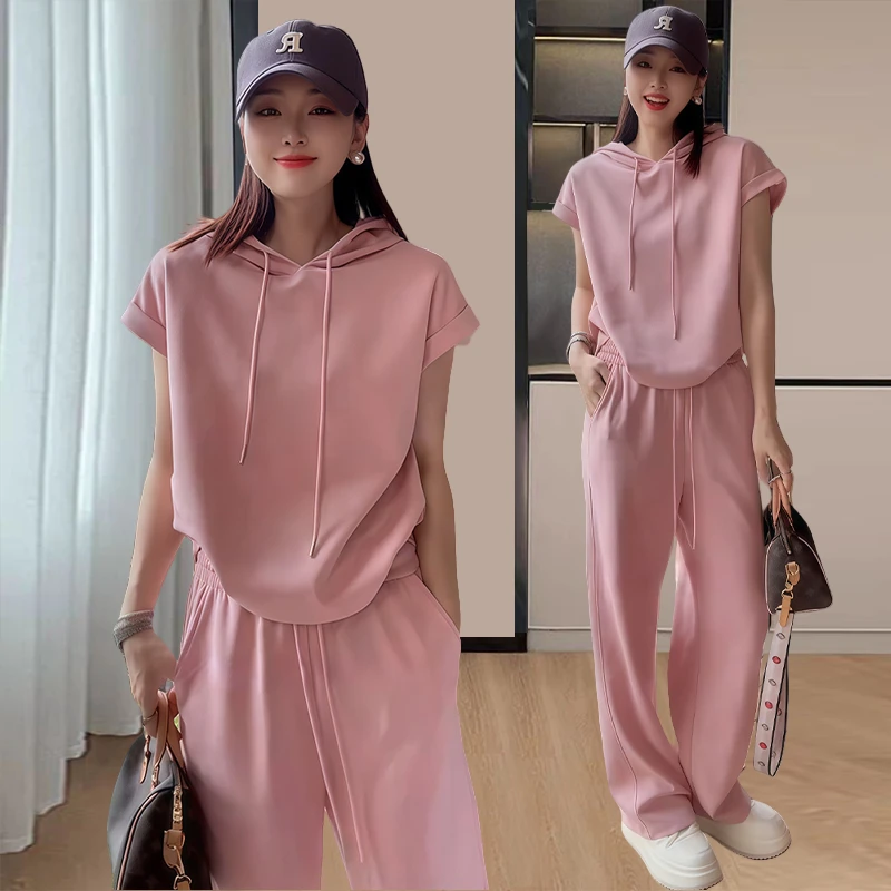 高含棉时尚套装女2026年夏季新款洋气百搭连帽上衣阔腿裤两件套潮
