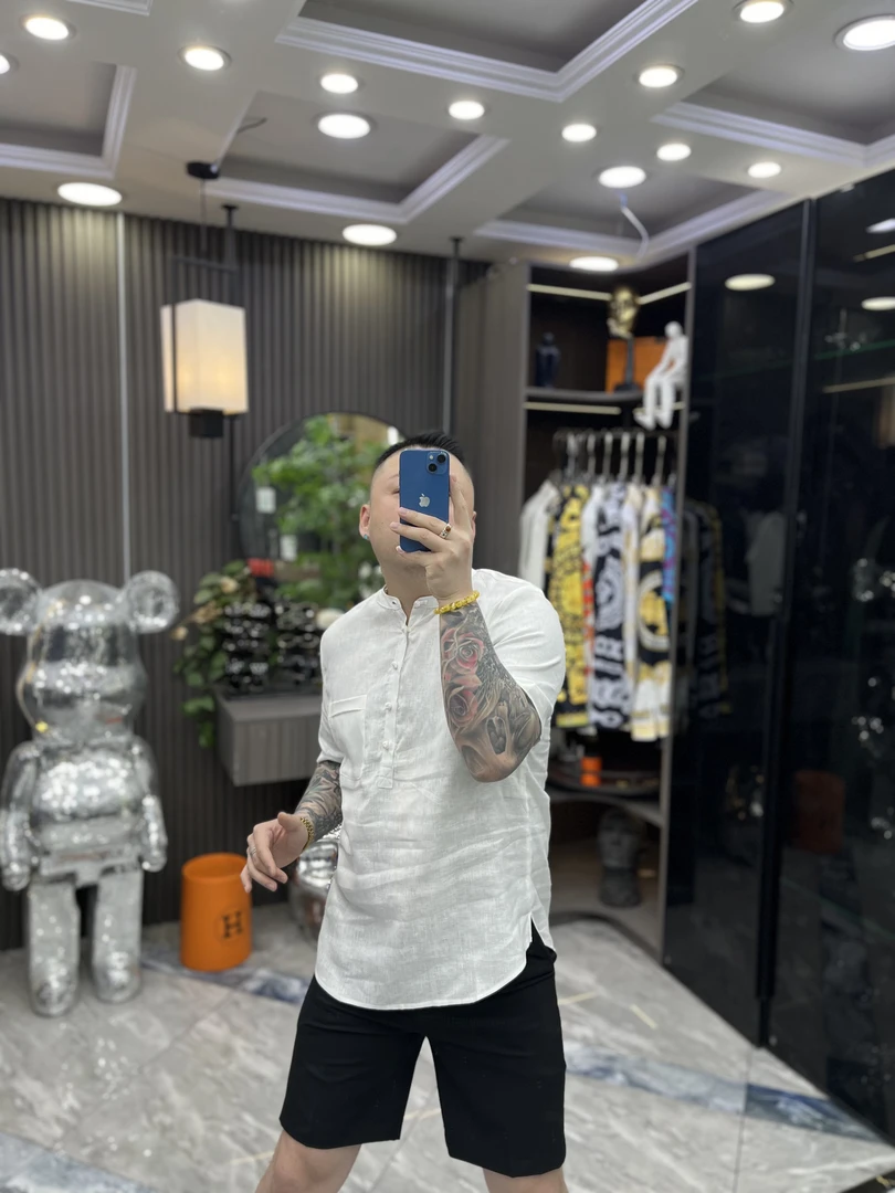 SH轻奢时尚高定男士雅痞立领盘扣亚麻休闲小衫1003