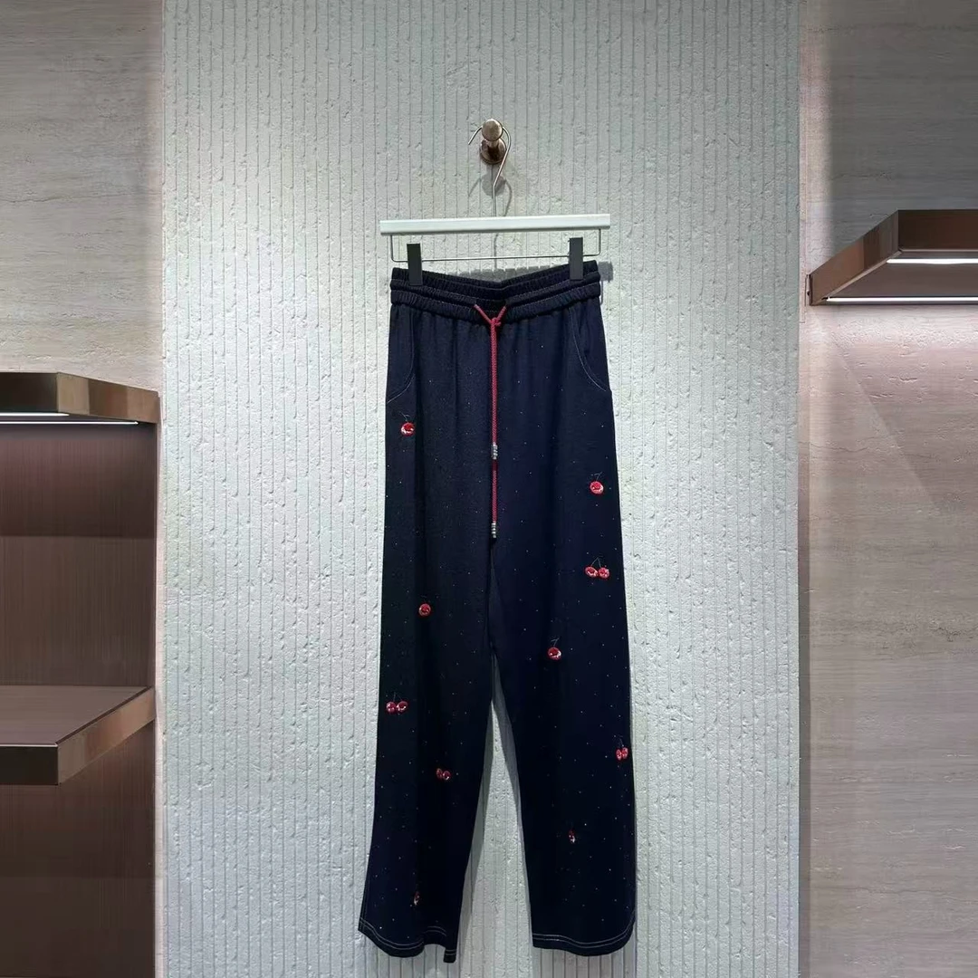 8419阔腿裤休闲风直筒裤长裤休闲裤绣花保护刺绣常规金丝