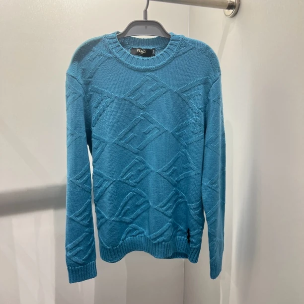 99新 FENDI/芬迪 pd02 蓝色圆领logo毛衣 羊毛 48码
