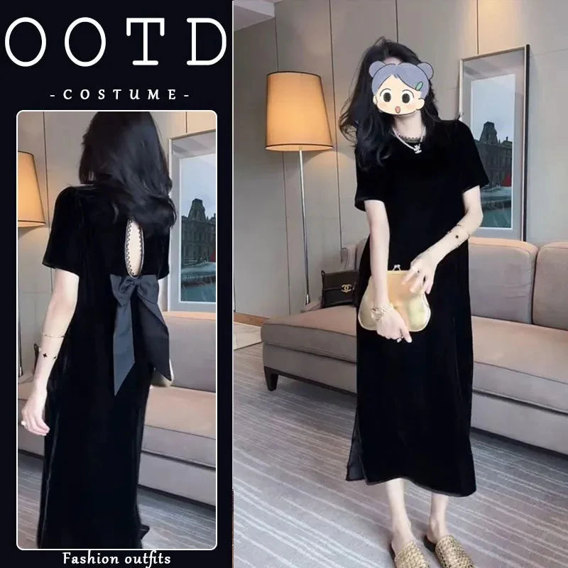 洋气感黑色休闲丝绒小黑裙女气质新款海高干文女主小个子连衣裙