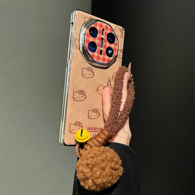 适用华为mateX6手机壳美拉德格纹线条KT猫mateX5双中轴保护X3女款