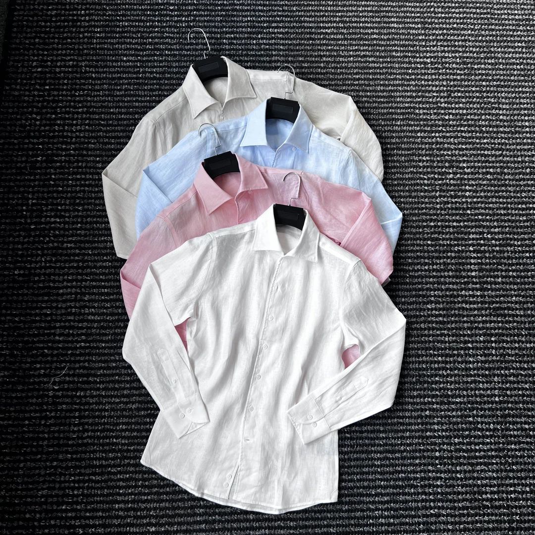 CssuGent那不勒斯皇后高定100亚麻一片领长袖衬衫男通勤休闲衬衣