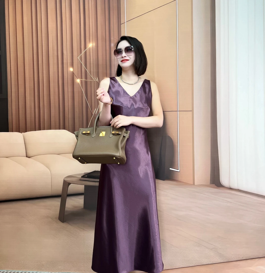 【二姐高定】醋酸V领连衣裙 2025新品 春夏显瘦气质时尚复古25018