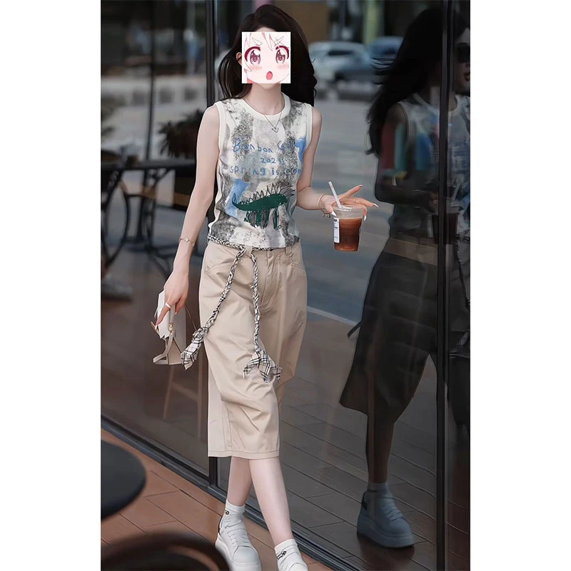 2025夏季涂鸦圆领无袖背心百搭宽松直筒六分裤子显瘦减龄两件套装