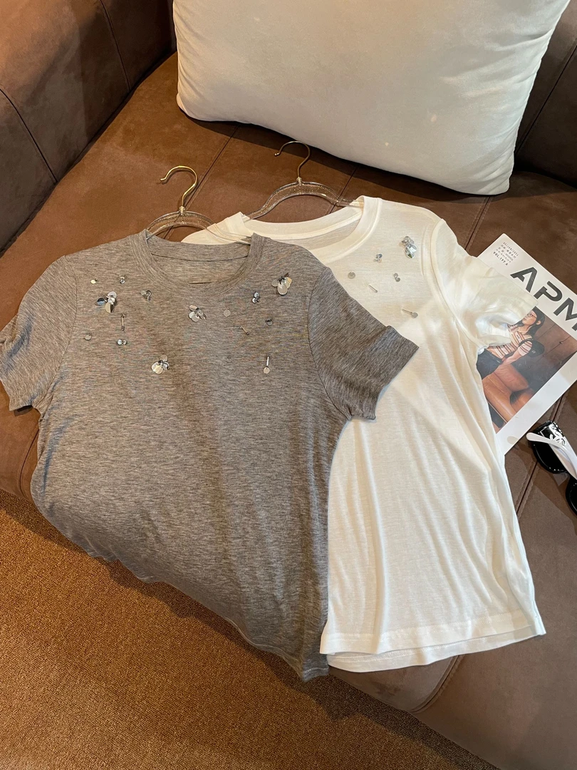 【MEEUMI】夏季女装羊毛天丝T恤亮片花短袖圆领TD2416YM