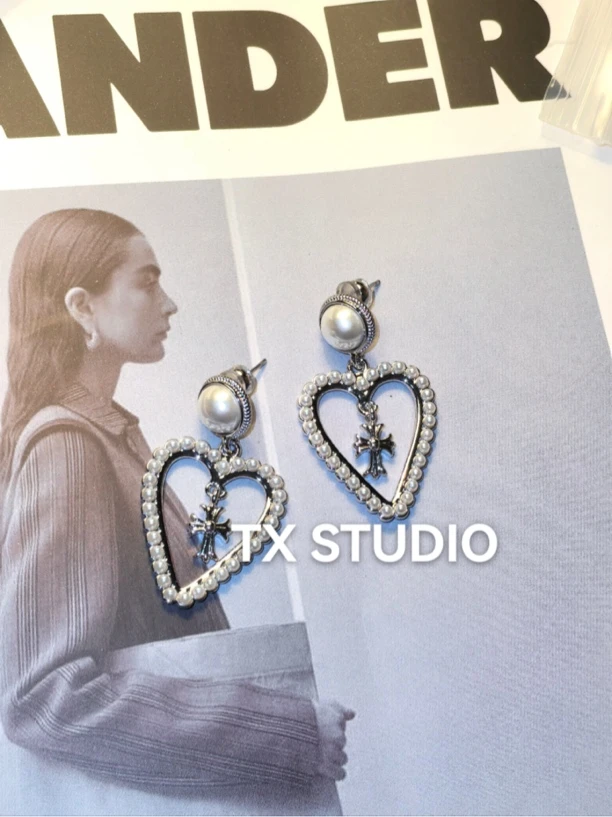 铜合金仿珍珠耳饰 花花家原创设计十字爱心耳圈