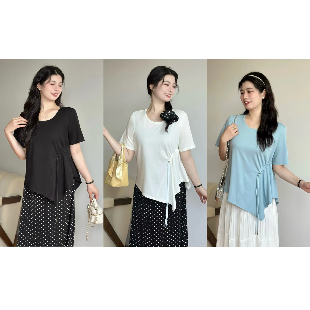 XIAXIA【冰岛物语】大码显瘦下摆百搭抽褶款式短袖T恤 T-JX0047#