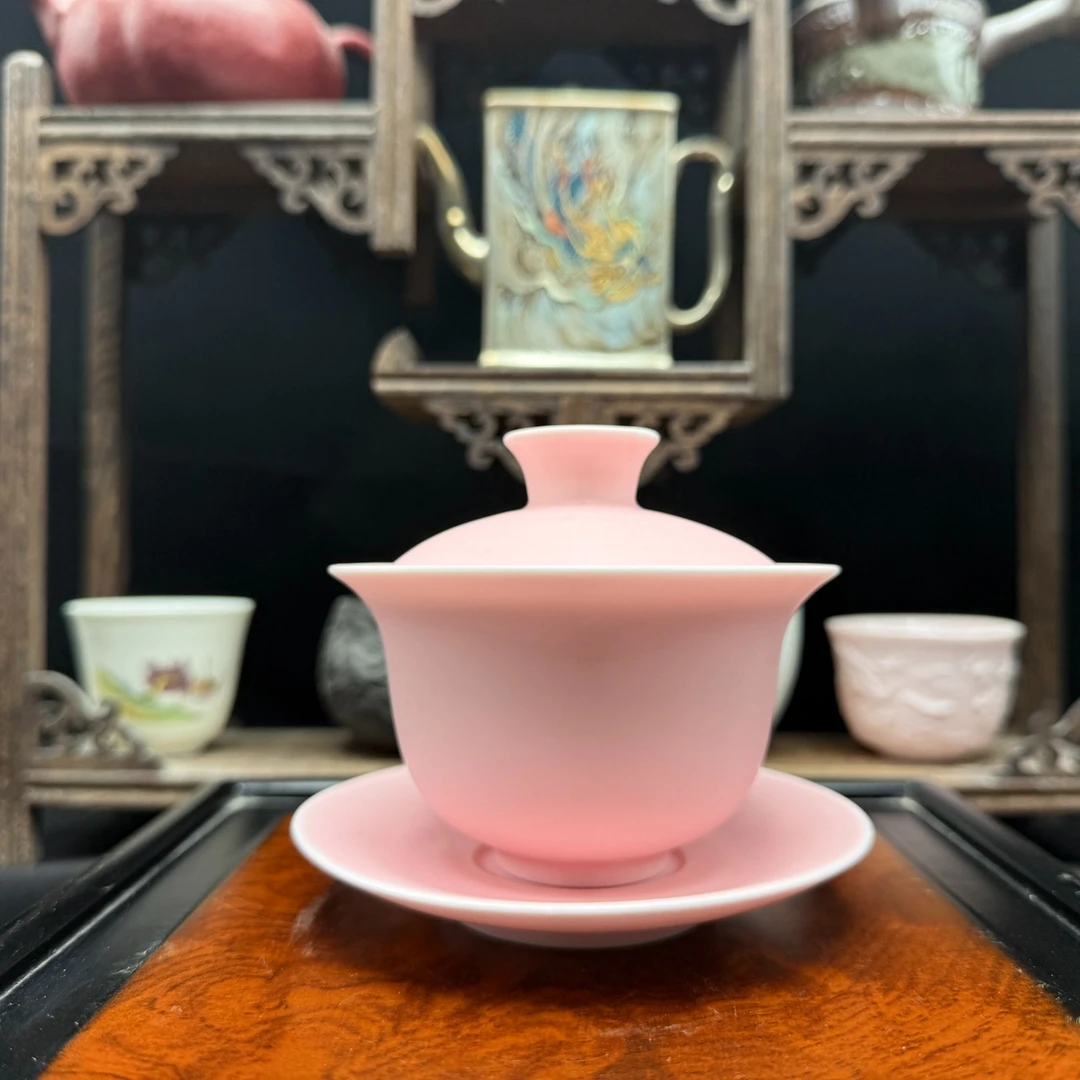 手工粉红色胭脂红汝窑开片可养三才盖碗功夫茶具陶瓷泡茶碗0397